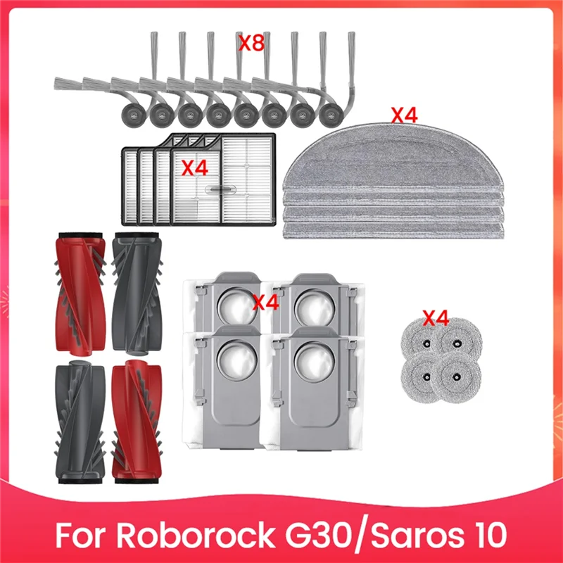 

Запасные части для робота-пылесоса Roborock G30 Saros 10: основная щетка, боковая щетка, фильтр, тряпка для мытья полов, мешок для сбора пыли.