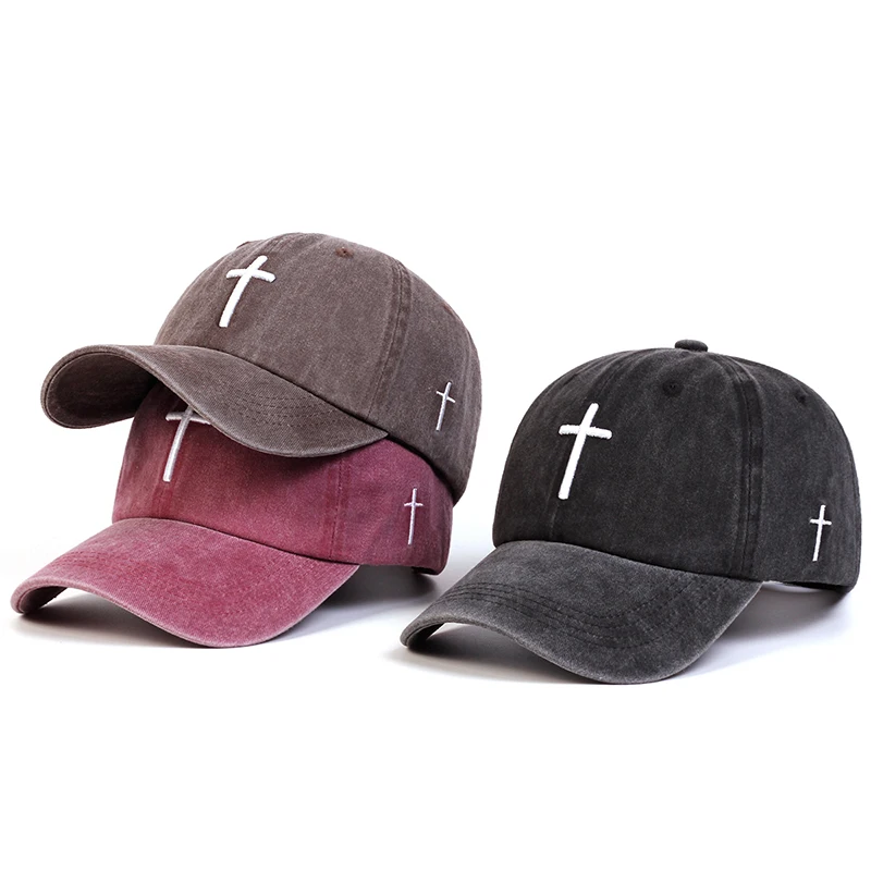 Unisex Cross Embroidery Wash Baseball Caps Spring and Autumn Outdoor Adjustable Casual Hats Sunscreen Hat