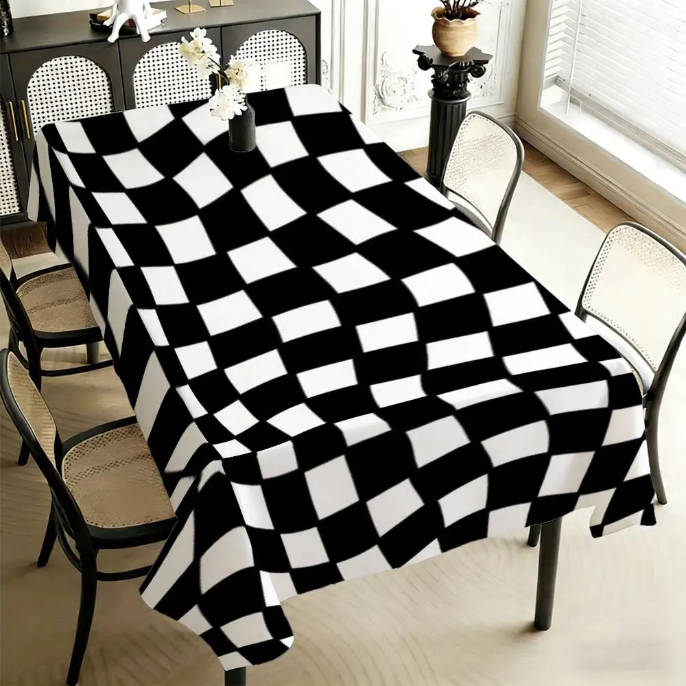 【】Black and white checkered dynamic visual feast polyester fiber party tablecloth, rectangular, wedding tableclothzyc
