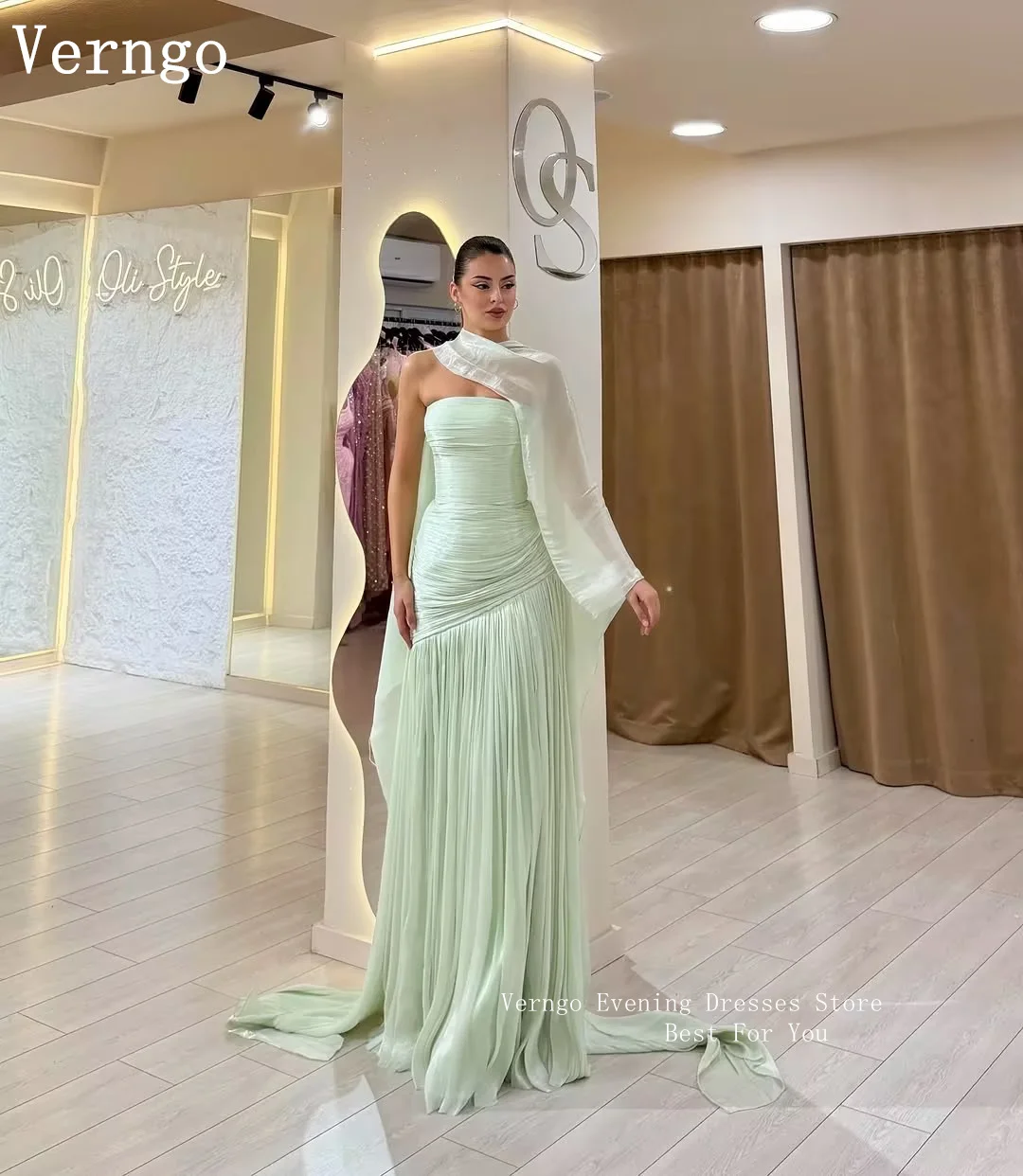 

Verngo Luxury Olive Green Evening Dress Elegant Strapless A Line Prom Dress Flowing Hand-pleated Silk Party Dress Customized