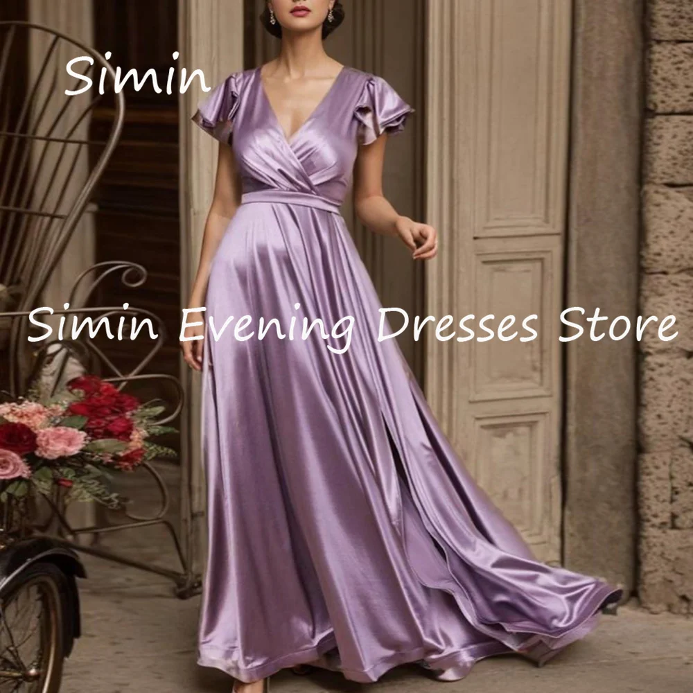 

Simin Satin A-line V-neck Popular Ruffle Saudi Formal Prom Gown Ankle-length Arab Evening Elegant Party dresses for women 2023