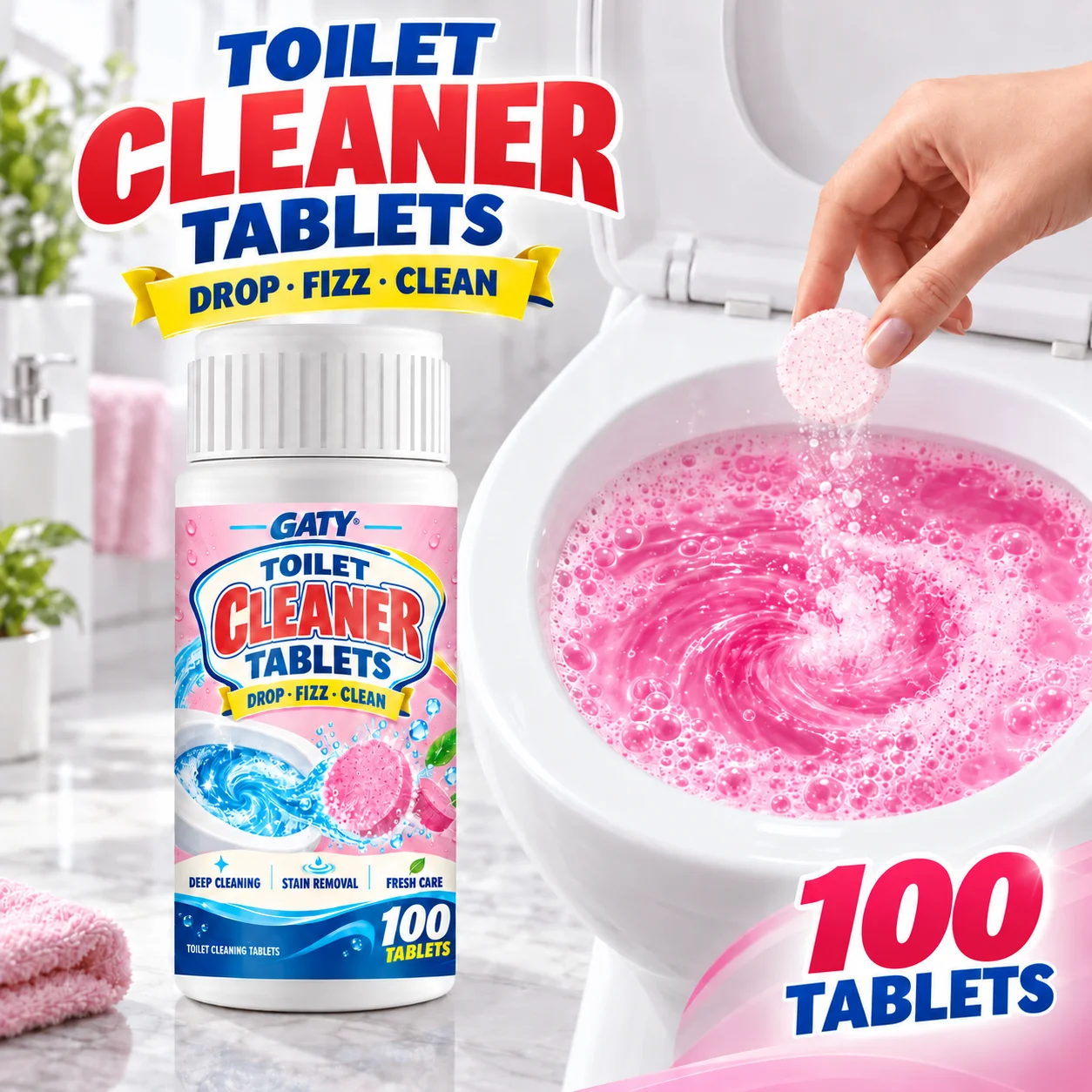 Toilettenreiniger in Form von Brausetabletten – sofort wirksam; löst Urinflecken und Kalkablagerungen; reinigt und neutralisiert Gerüche; für Toilettenbecken, Rand und Abfluss. – Detail 2