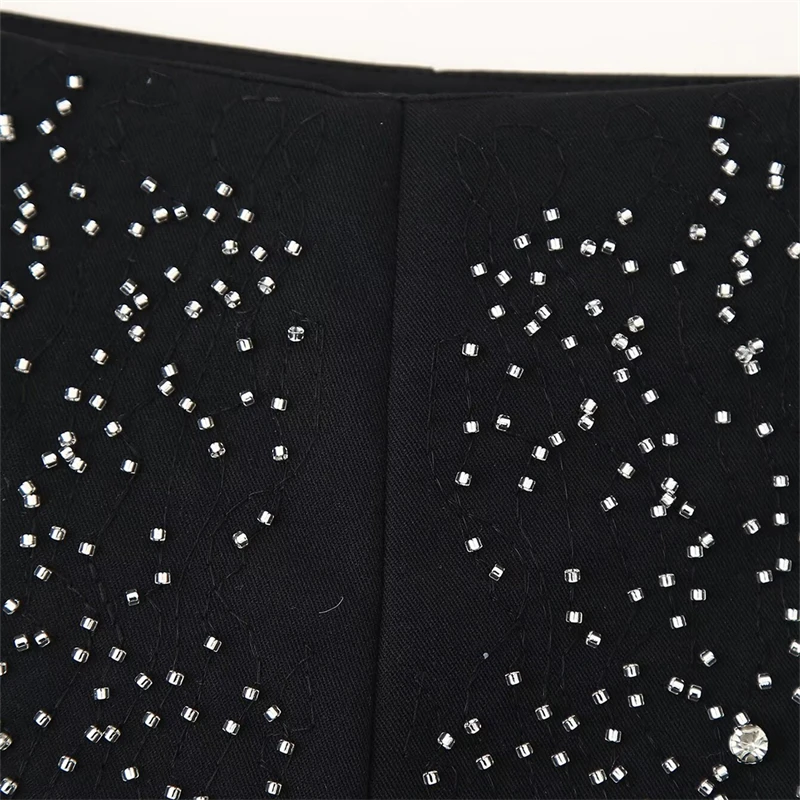 KEYANKETIAN 2025 새로운 여성 인공 보석 구슬 장식 반바지 사이드 지퍼 높은 허리 슬림 럭셔리 스트레이트 레그 반바지