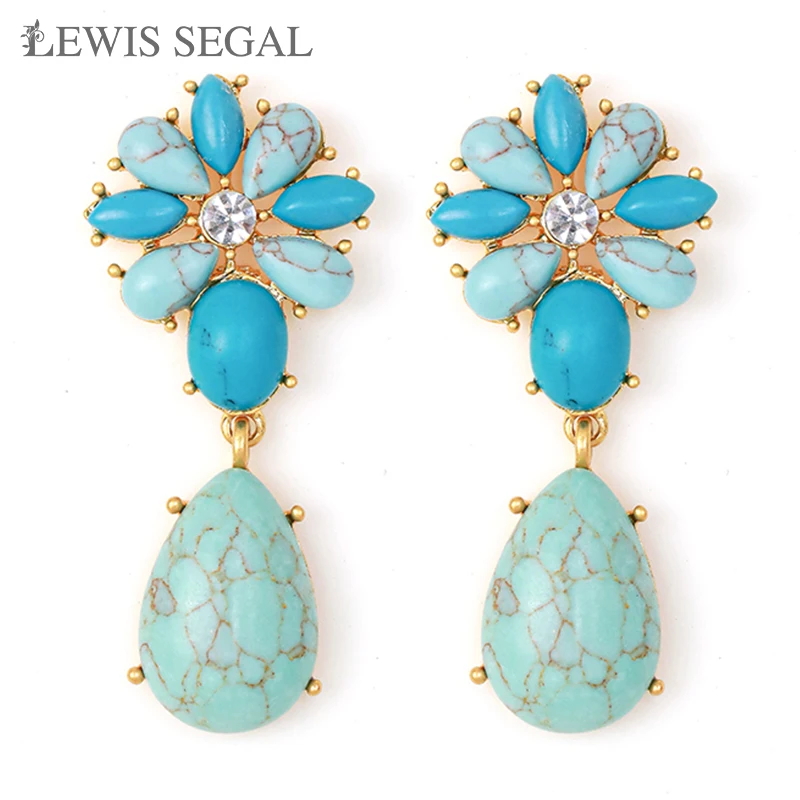 

LEWIS SEGAL Luxury Medieval Style Fine Jewelry Vintage Large Drop Cluster Blue Turquoise Drop Earrings for Women Girl 18K Gold