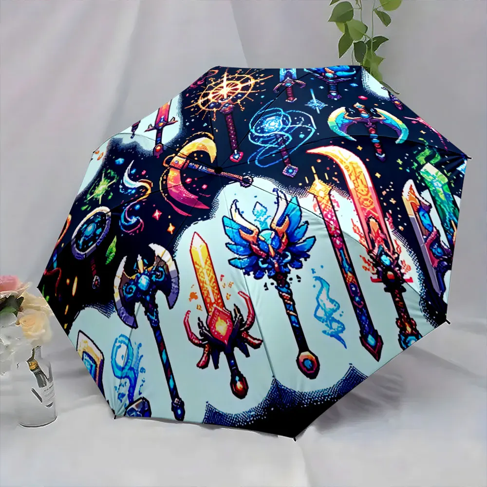 Pixel-Art Fantasy Weapons Design on Dark Background portable waterproof sun rain umbrella for outdoor travel beach