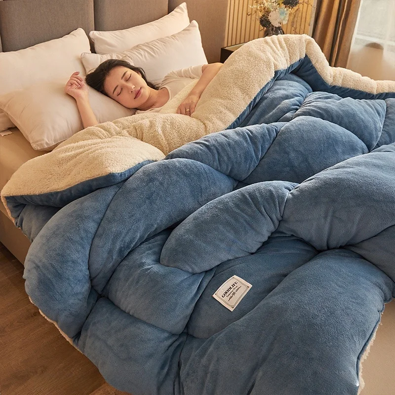 Thickened Double-Sided Lamb Velvet Winter Quilt Warm Cotton Blanket Single Person Dormitory Space Bedding Knitted Cotton Fabric