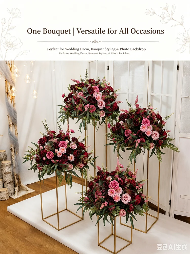 Burgunderrot, Rosa Rose, Grüne Blätter, Hochzeitstisch-Mittelstück, Blumenball-Dekoration, Kirchen-Bankett-Arrangement, Blumen-Event-Bühnen-Requisite – Detail 4