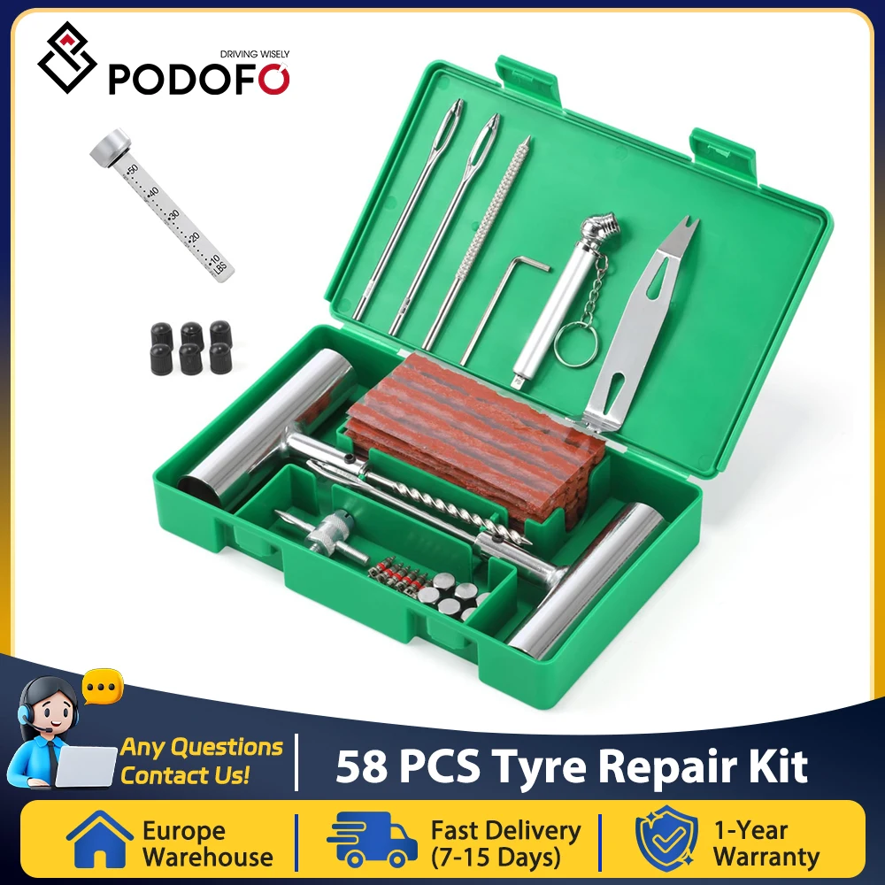 Podofo Kit di riparazione pneumatici per carichi pesanti da 59 pezzi con manometro per camion ATV per auto, kit di emergenza per foratura di pneumatici tubeless universale
