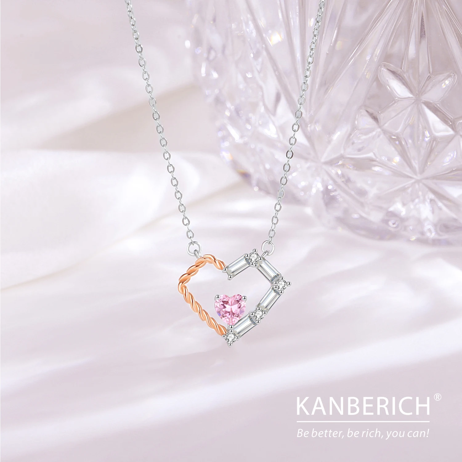 Kanberich S925 Real Sterling Silver Cubic Zirconia Sweet Love Heart Pendant Clavicle Chain Necklace