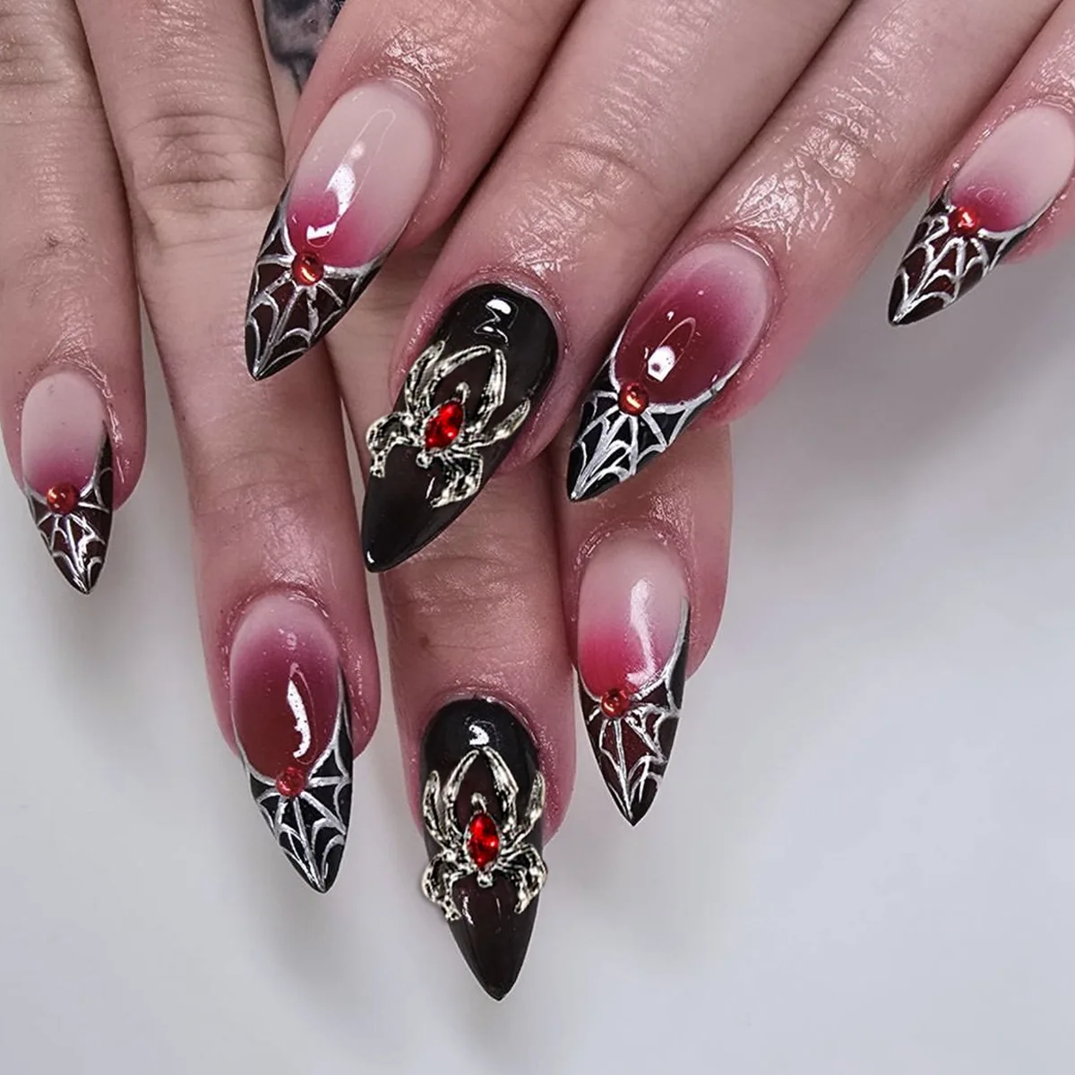 

24pcs Long Almond Press on Nails Press on Halloween Spider Web Design Black Fake Nails Rhinestone Gradient Red Stick on Nail Tip