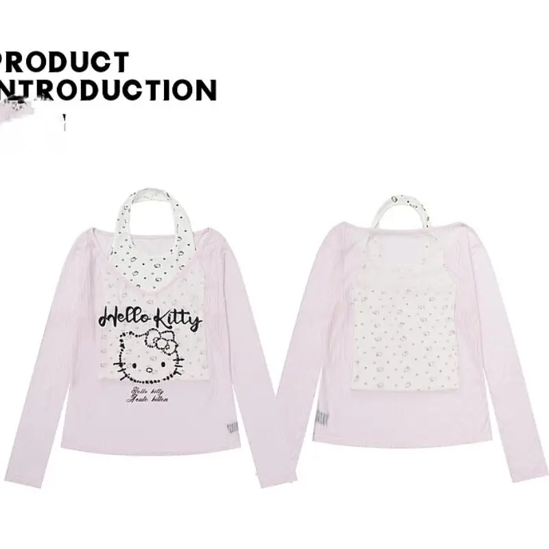 Tank Tops Halter Neck Long Sleeve T-Shirt Hello Kitty Women's Spring Summer Sanrio New Hot Girl Blouse Two-Piece Top Sweet Style view 5