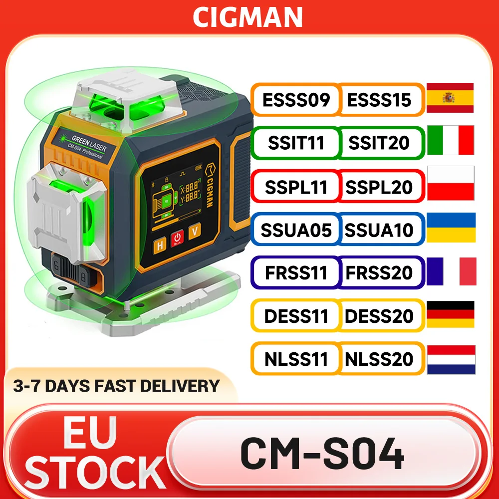 Niveau laser CIGMAN CM-S04 à 16 lignes avec écran LCD, auto-nivelant, 4×360 °   Faisceau vert, précision élevée ±1,5 mm/5 m, 2 batteries 2600 mAh