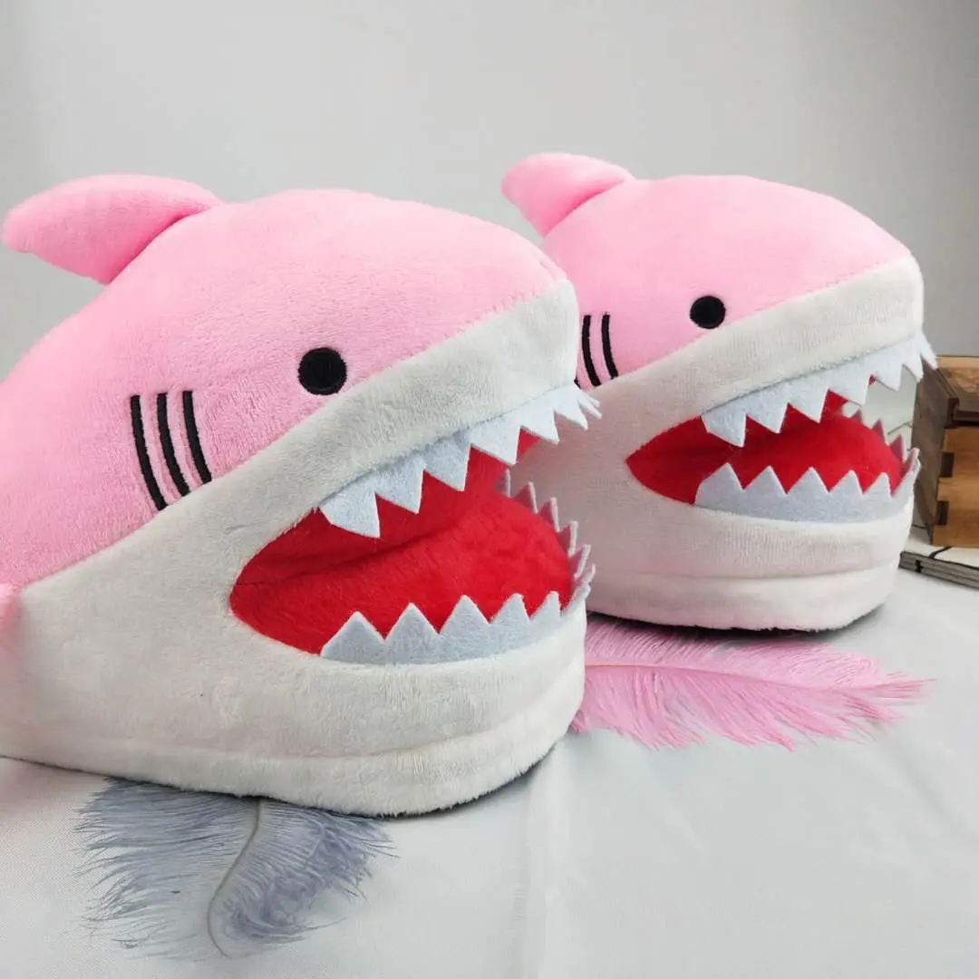 Feerldi girls boys shark winter slipper woman cartoon anime slip on shark slides female shoe open mouth fish cotton shoes