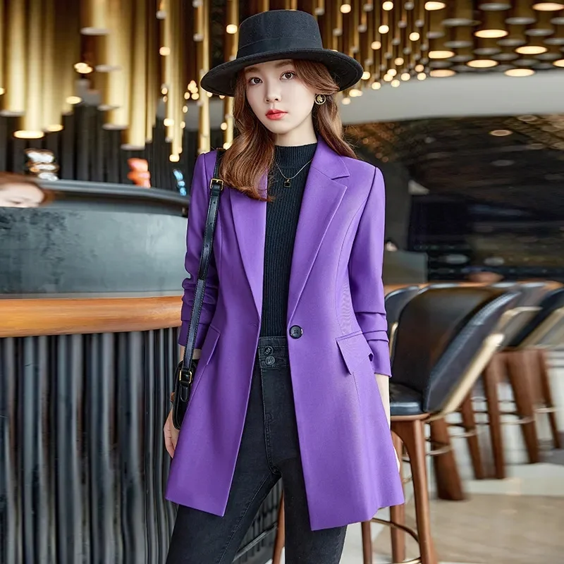 

Autumn Winter Ladies Mid Long Blazer Women’s Single Button Black Purple Female Casual Jacket Coat Office Blazer Female Outerwear