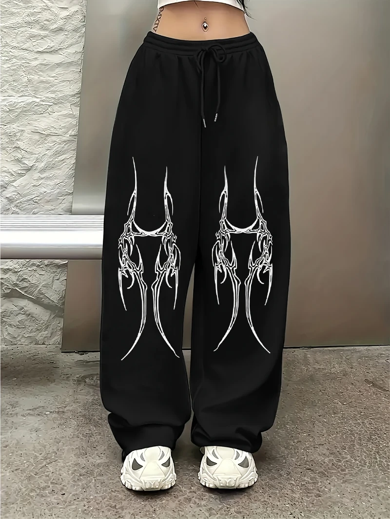 

Модные черно-белые широкие брюки из полиэстера с принтом для женщин — повседневная уличная одежда свободного покроя с регулируемой талией на шнурке