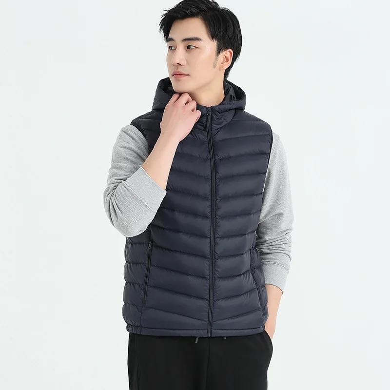 Jaket Hoodie tanpa lengan untuk pria, jaket Puffer bertudung tanpa lengan 2023, mantel Ultra ringan untuk pria musim gugur musim dingin 90%