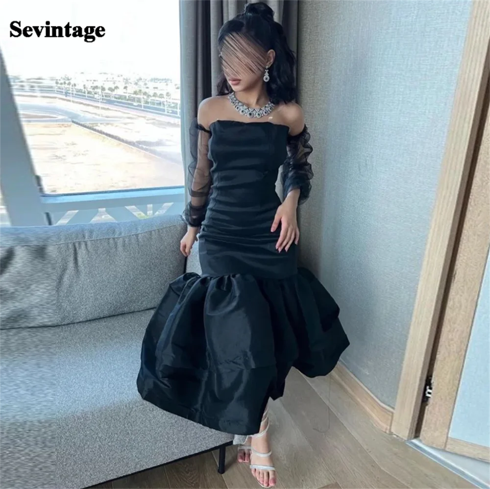 

Sevintage Black Saudi Arabic Mermaid Satin Long Sleeve Evening Dresses Pleat Ruched Ankle Length Dubai Women Prom Gowns 2023