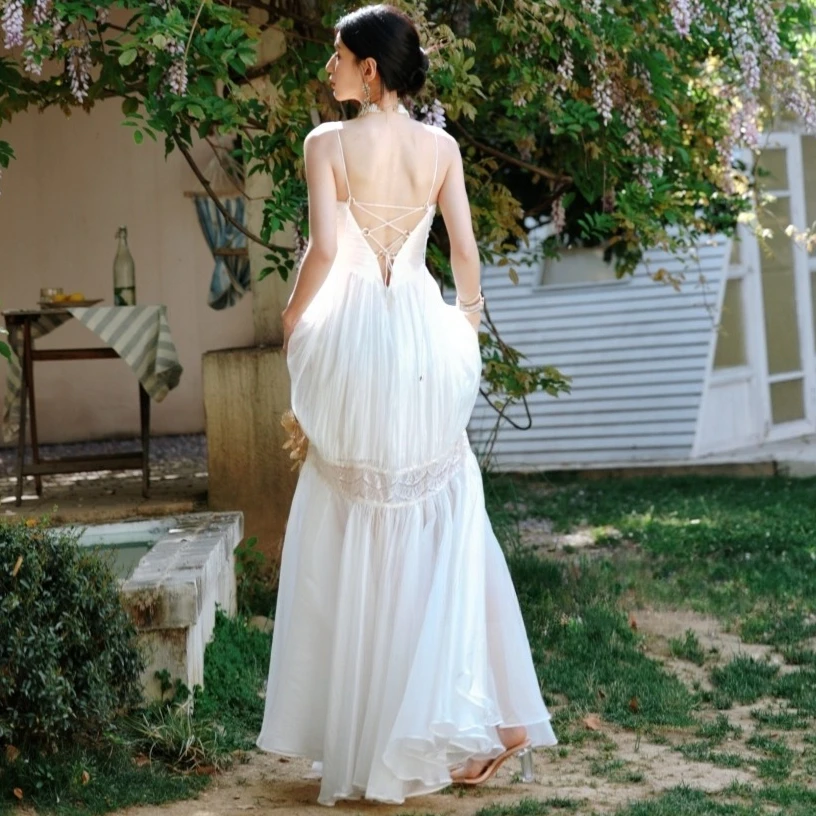 화이트 엘레강트 드레스 여성 백리스 슬리브리스 스트랩 스파게티 맥시 베스티도스 바디콘 스트리트웨어 빈티지 파티 의류 여성용