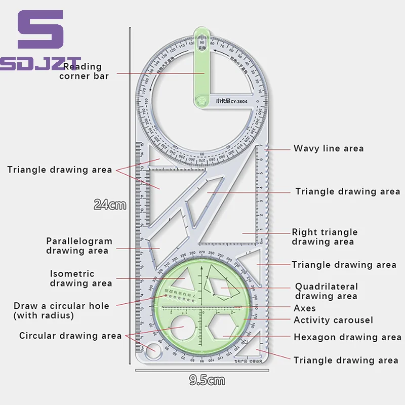 For School Multifunctional Primary School Activity Drawing Geometric Ruler Triangle Ruler Compass Protractor Set Measuring Tool