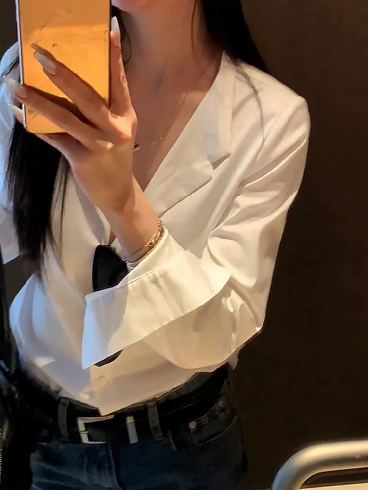 

Ele White Long Sve Thin irt Jaet Women's Spring New Sle Commute Top Floral Print Loose Fit Polyester Fiber