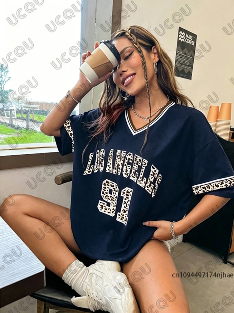 2026 New Leopard Los Angeles 91 Print Women‘s T-shirt Summer V-Neck Short Sleeve Tees Sports Football Jersey Y2K Oversized Tops