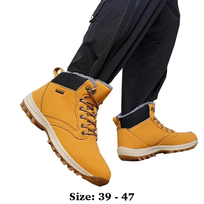 

High quality ankle length leather snow boots for men size 47 48 new 2024 winter outdoor hiking mountain shoe black yellow