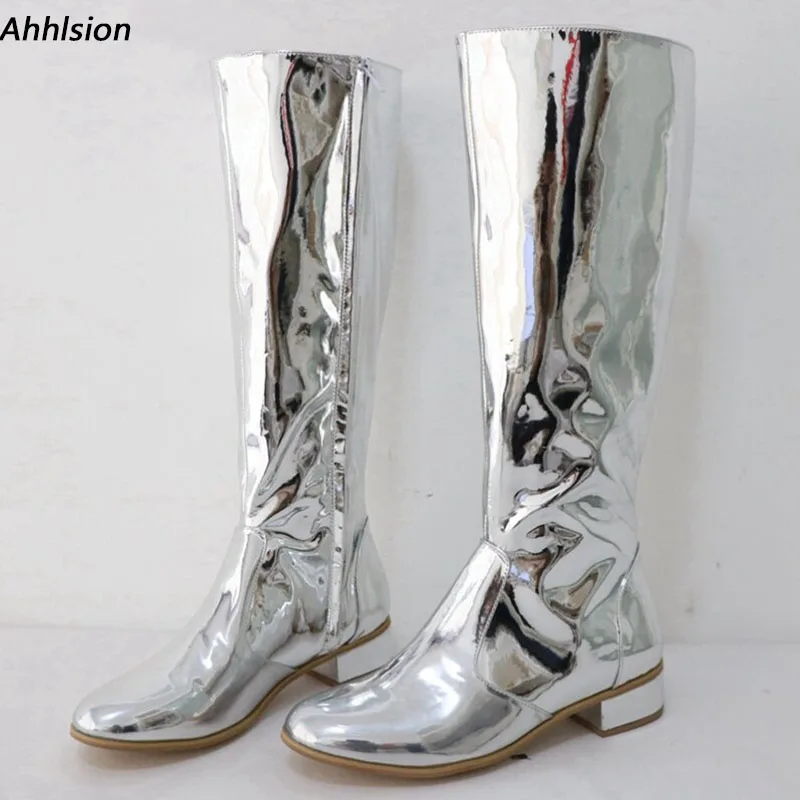 

Ahhlsion Real Photos Women Winter Knee Boots Flat With Heels Round Toe Gorgeous Silver Party Shoes Ladies US Plus Size 5-20