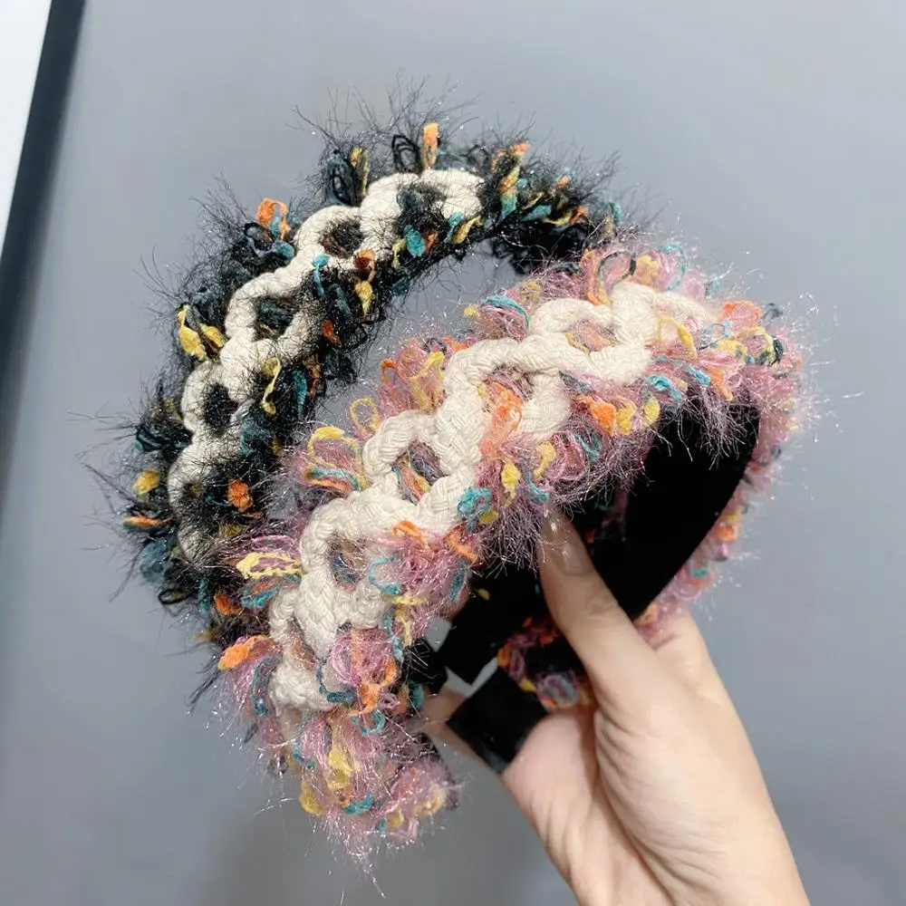 Wide Brimmed Braided Hairbands Plush Knit Fabric Headband Fluffy Weave Thick Head Hoop Handmade DIY Non Slip Hair Accessories