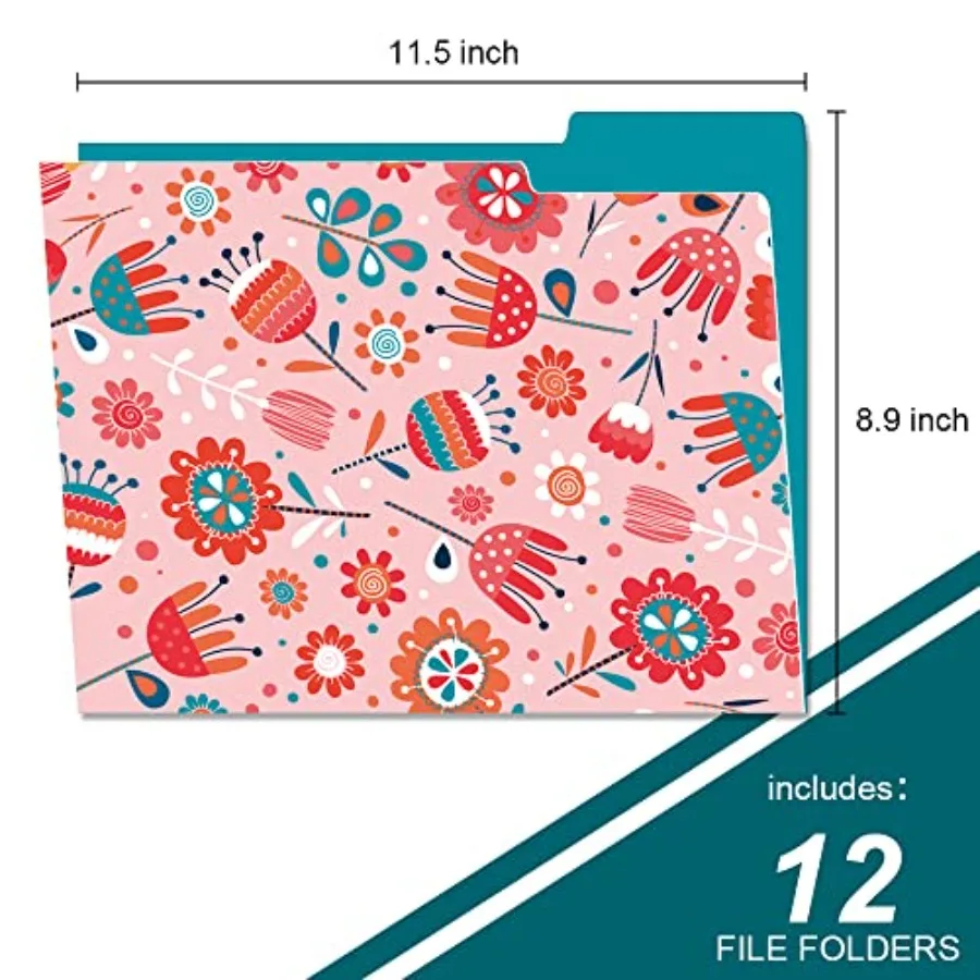 Bestandsmappen Letter-formaat 12-pack Premium waterdichte decoratieve bestandsmappen in mooie kleuren en Flora-ontwerpen Gekleurde bestandsmap