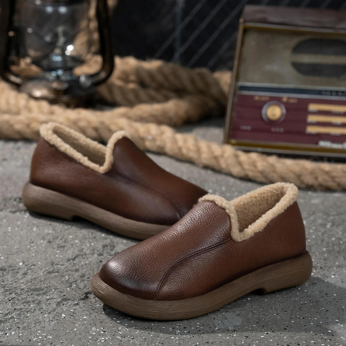 Leather Work Women Shoes - LIHUAMAO warm fur lining Brown cow