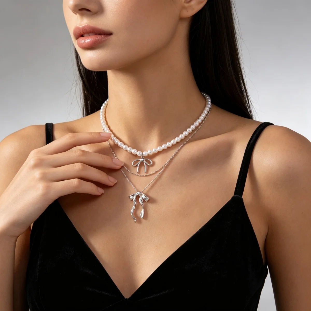 Süßer, cooler Stil Metallband-Schleife mit simulierten Perlenkette für Frauen, zierliche elegante Twist-Schleife Choker, ästhetischer Schmuck – Detail 19