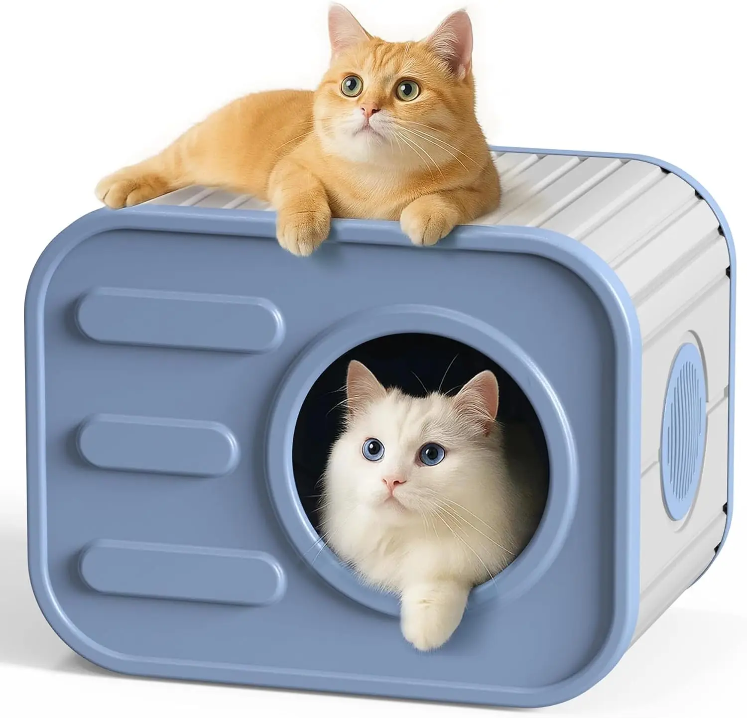 Double Outdoor Cat House Stack Design, Cat Houses for Outdoor Cats Camera Appearance Ventilated Spacious Stackable with Large Door for Several Feral Cats Outside Cat Shelter for Large Pet (Blue，19.8