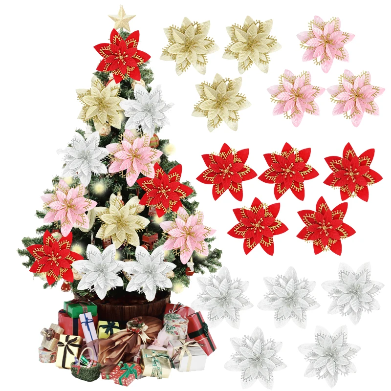 Flores artificiales de Poinsettia para decoración del hogar, adornos para árbol de Navidad, Año Nuevo, 10 piezas