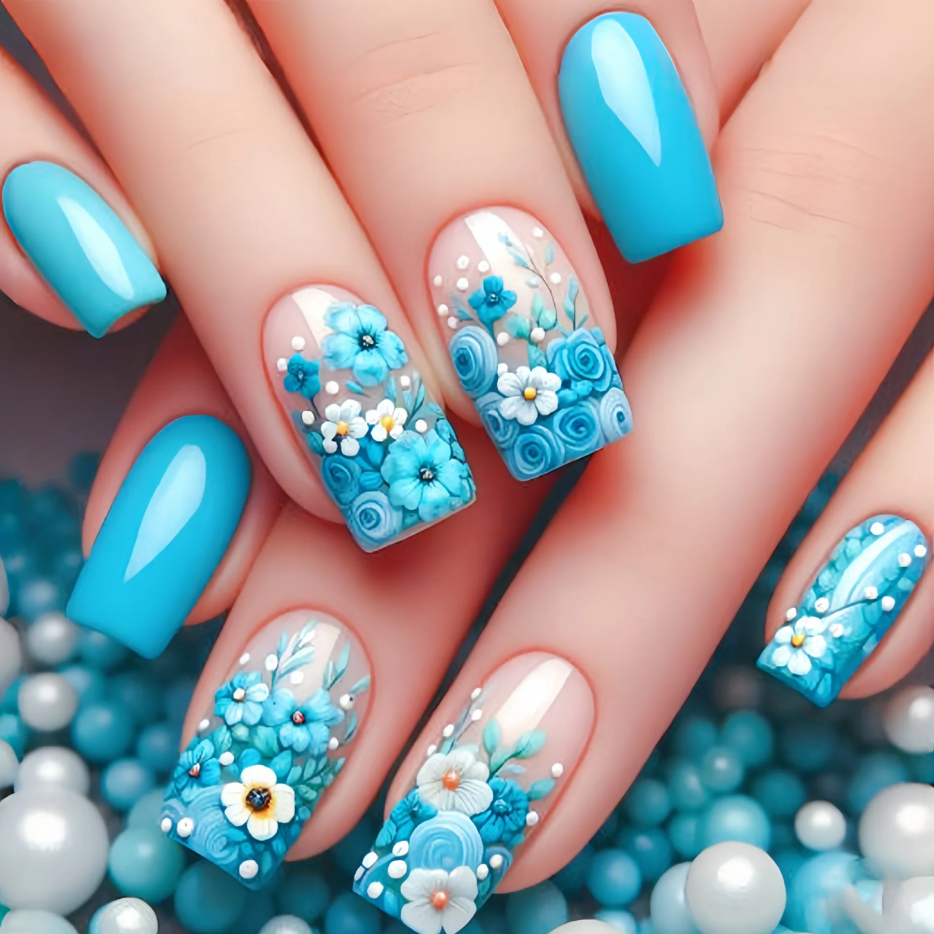 24pcs Ocean Blue False Nails Emboss Starfish Fake Nails with Dreamy Butterfly Flowers Press on Nails Fun Summer Square Nail Art