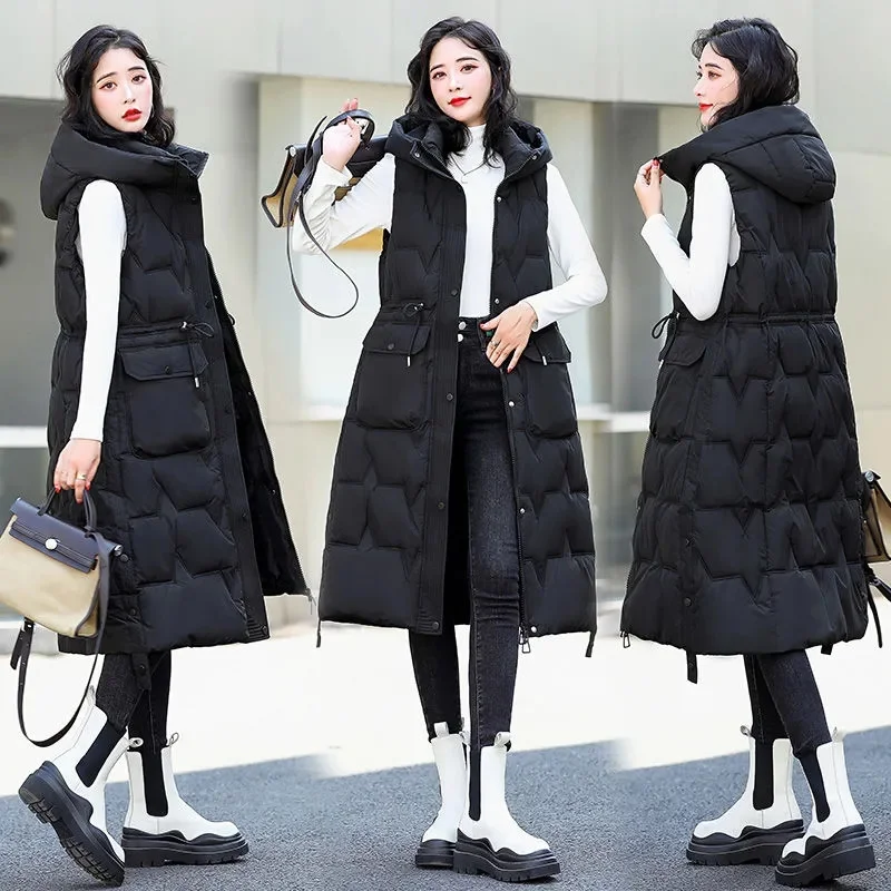 2023 New Women Winter Vests Hooded Long Bright Color Vest Cotton Padded Sleeveless Coat Female Waterproof Thick Waistcoat