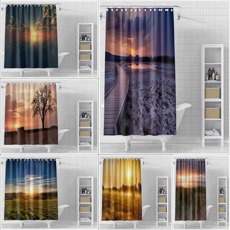 

Sunset Shower Curtain Advanced Waterproof No Punching Bathroom Toilet Hanging Curtain