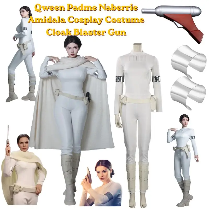 

Anime Padmé Cosplay Costume Halloween Wars Queen Amidala White Deluxe Battle Suit Armband with Blaster Gun Dress Up