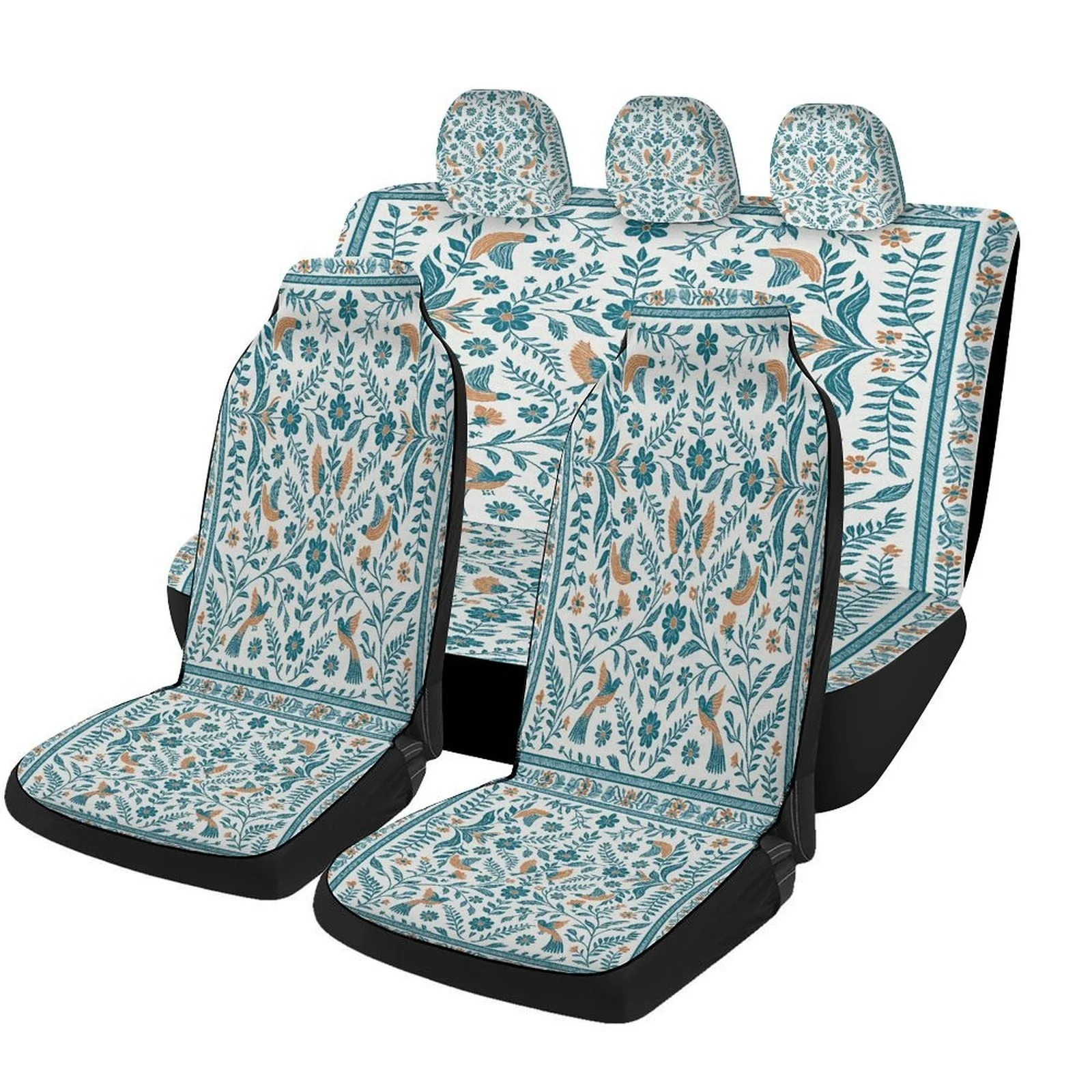 

Floral Pattern Car Seat Cover Set - Trendy Novelty High-Quality Full Set For 2 Front & Rear Seats, Machine Washable, All-Season