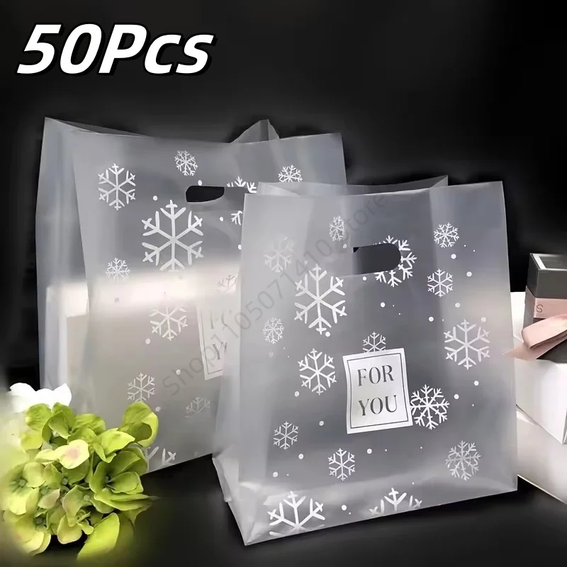 50Pcs Snowflake Print Design Gift Bags Birthday Party Gift Wrapping Bags Bread Pack Bag with Handle DIY Gift Packaging Bag