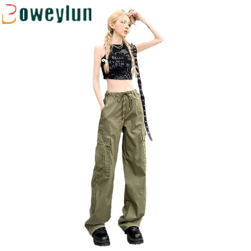 

Boweylun Drawstring Design Wide Leg Cargo pants Women Spring and Summer New High-waisted Loose Straight Casual Pants Female