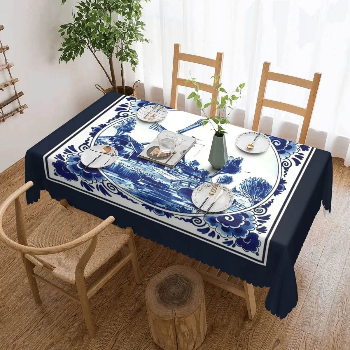 

DUTCH BLUE DELFT Винтажная прямоугольная скатерть с принтом ветряной мельницы и моста, маслостойкая скатерть для стола, скатерть для обеденных мероприятий