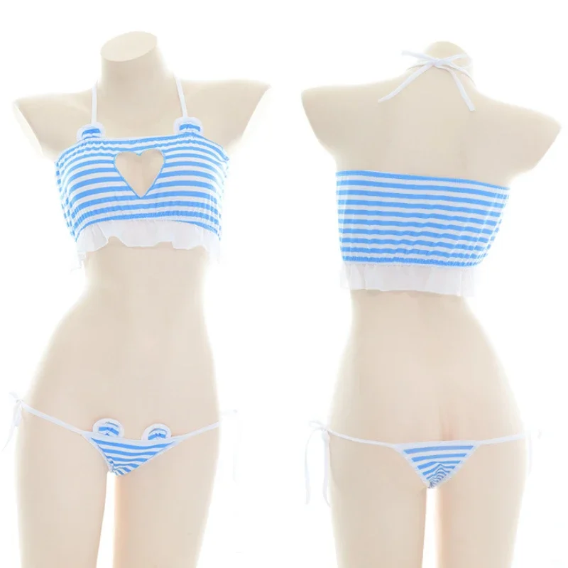 Cute Heart Hollow Bikini Set Sky Blue Halter Bandage Stripe Underwear Student Swimsuit Cosplay Costume Anime Swimwear Lingerie