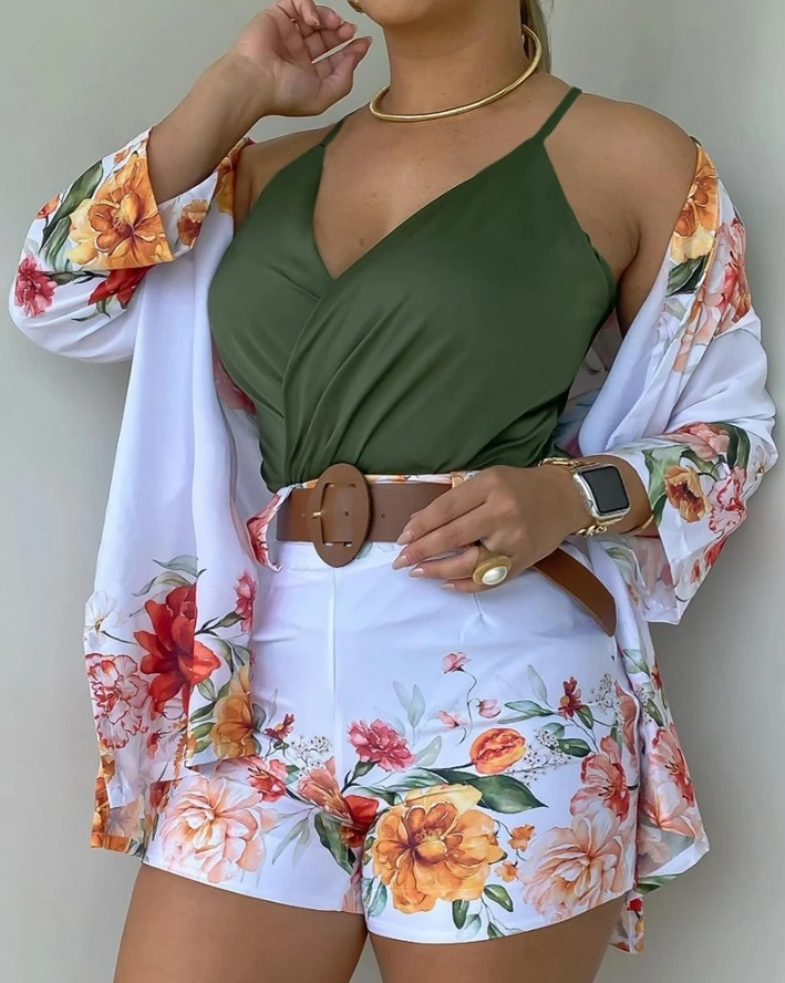 

Two Piece Set Women Outfit 2024 Spring Summer Casual Simple Floral Print Long Sleeve Temperament Commuting Top & Shorts Set