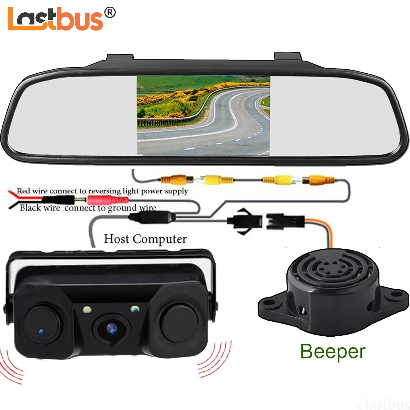 

Монитор Lastbus 4.3 дюйма для автомобильного зеркала заднего вида с пультом ДУ + 2 радарных датчика парковки 3-в-1 с цветными камерами заднего вида и комплектом звуковых сигналов