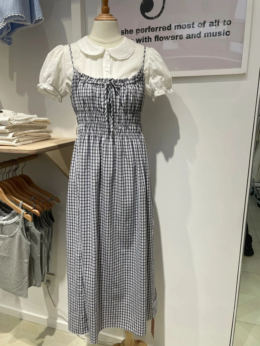 Abito longuette vintage scozzese blu scuro Donna Estate Elastico in vita A-line in cotone con volant Lace-up Vestido Dolce e carino Abiti lunghi con camicette Nuovo