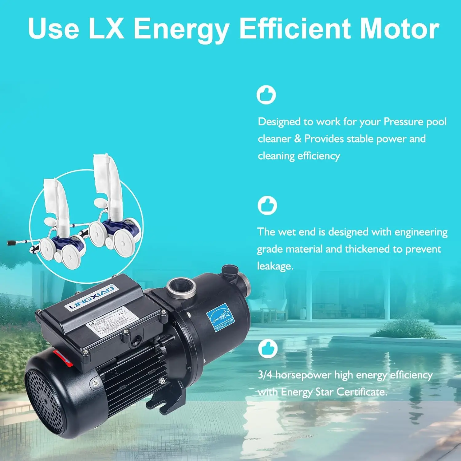 Pool Booster Pump 3/4 HP for Pressure Pool Cleaners PB460 180-480, EC-LA01N, OEM Booster Pump 3/4 HP, 115V or 230V, 60PSI, Energ