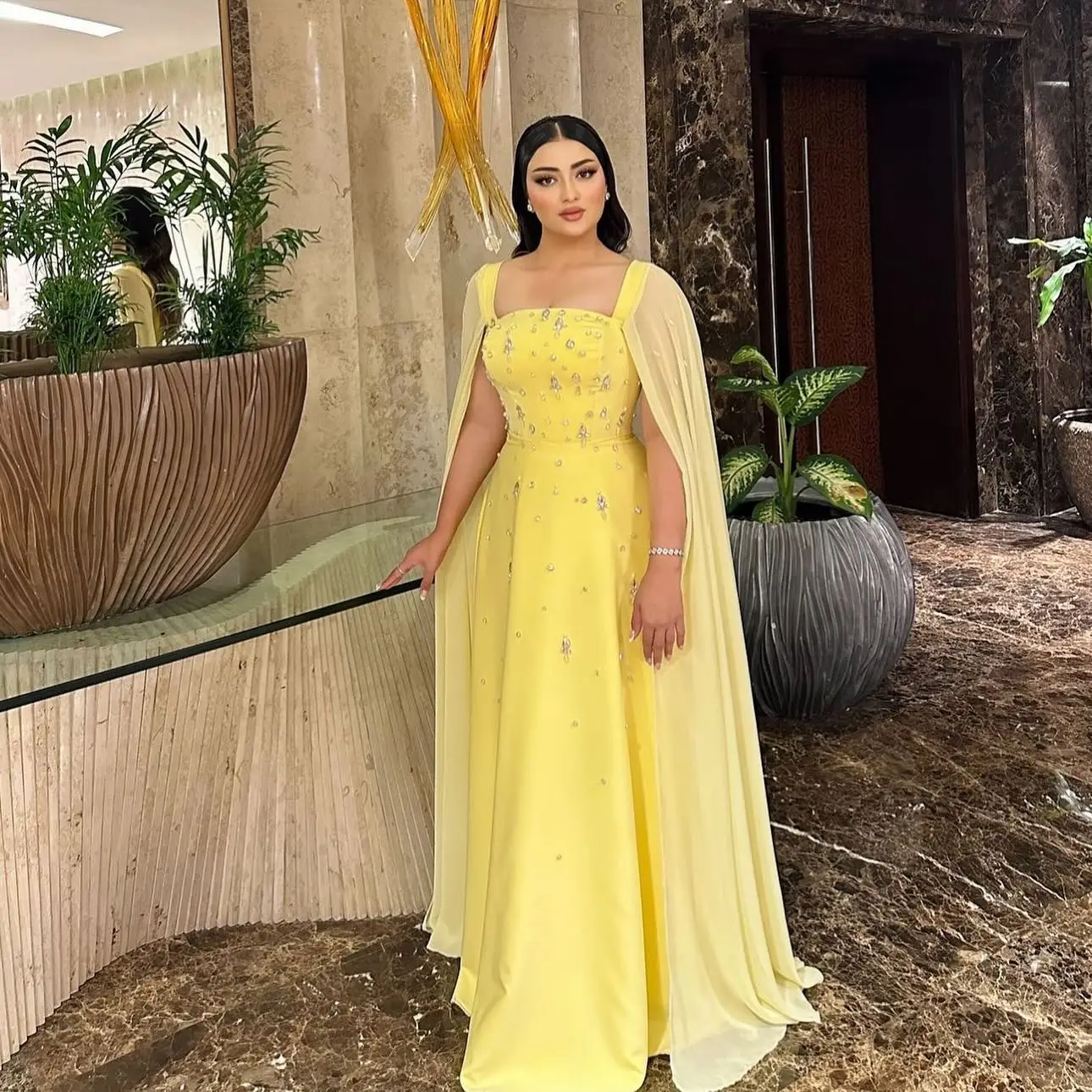 Yellow Square Neck Satin Crystal Prom Dresses Long for Arabic Women with Chiffon Jacket A Line Evening Gowns Customized