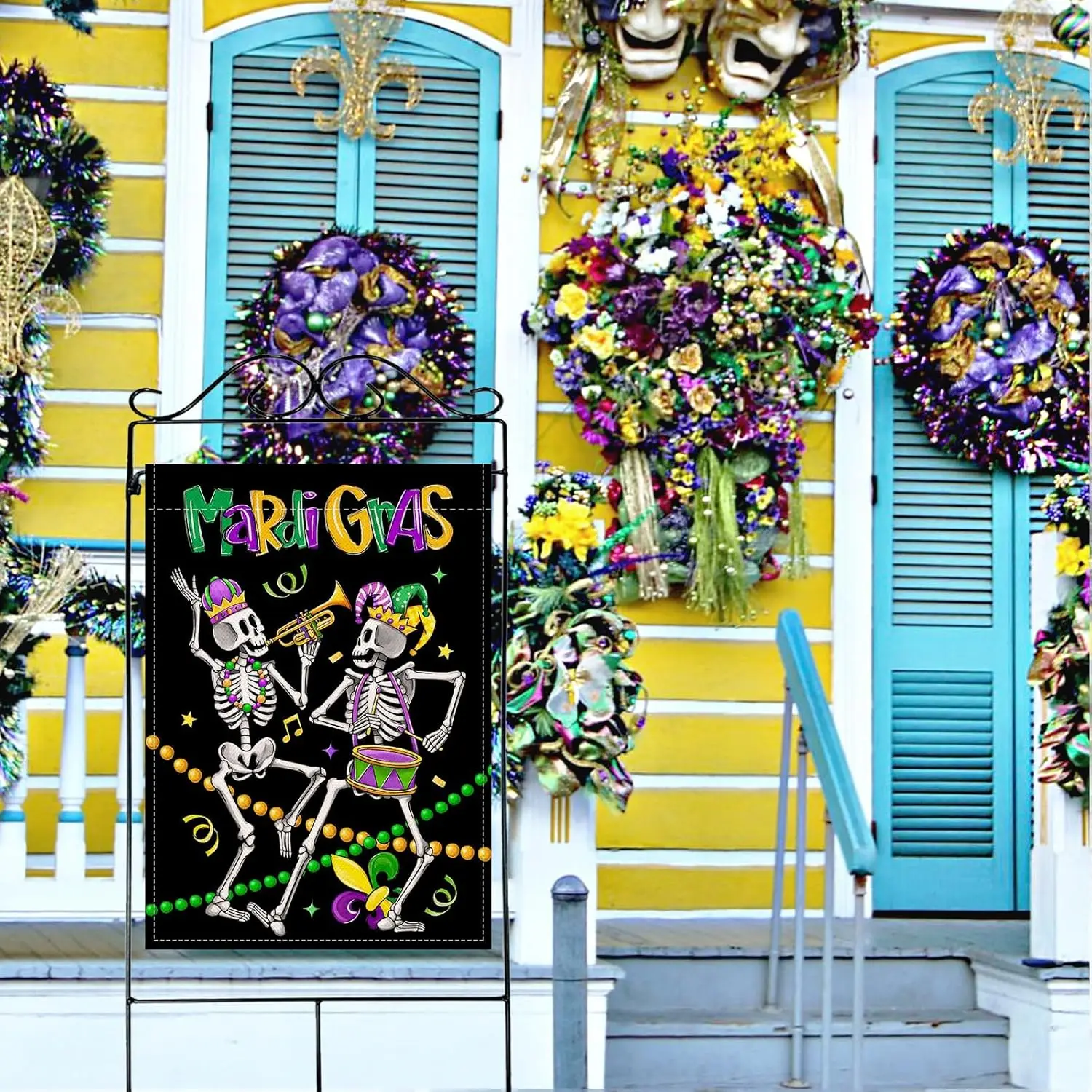 Artofy Mardi Gras Gothic Skeleton Large Decorative House Flag, Skull Beads Fleur De Lis New Orleans Carnival Yard Garden Out ZZM