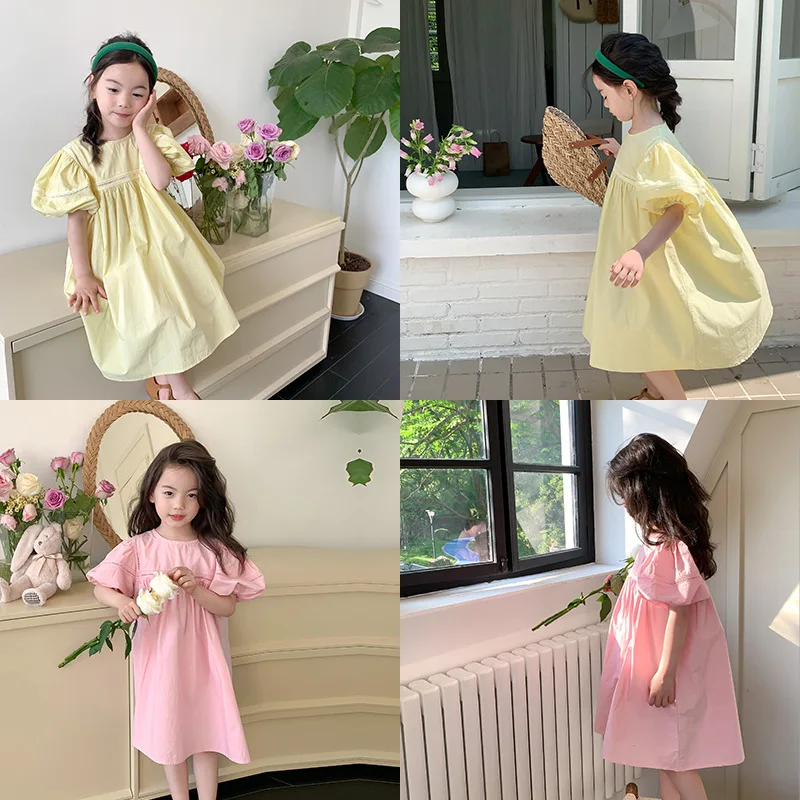 

Girl Dress Girls Korean Style Pure Color Temperament Princess Dress 2024 Summer Children Hollow-out Bubble Sleeve Skirt