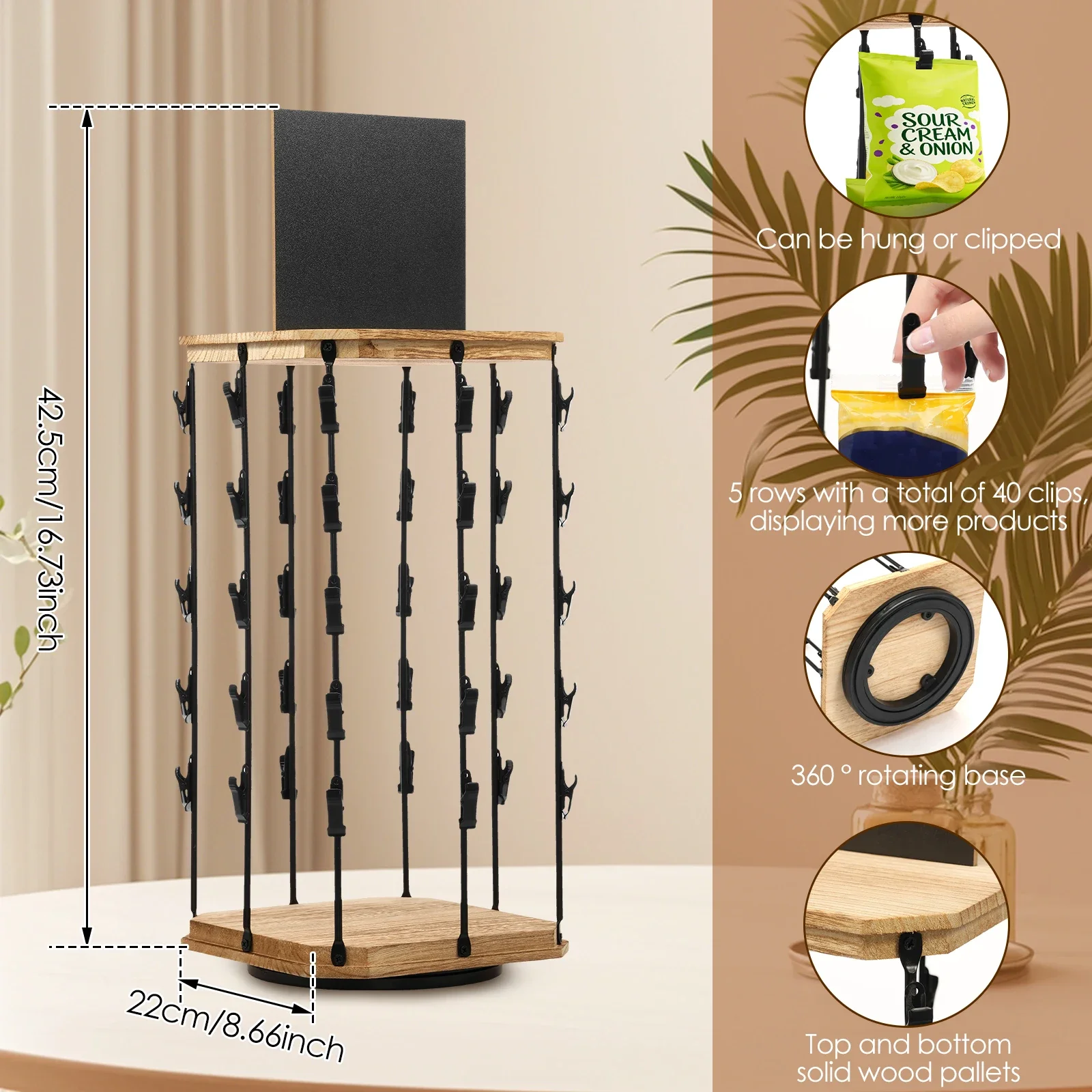 40 Clips Snack Display Rack 360°Rotating Wooden Base with Message Board Snack Bag Holder Stores Countertop Organizer